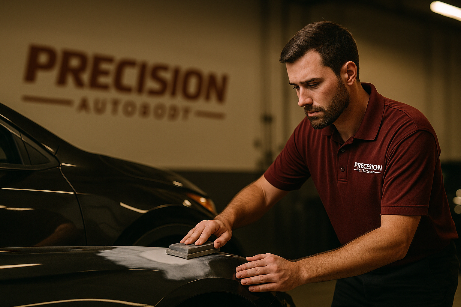 A skilled technician at Precision Auto Body performing a detailed vehicle repair.